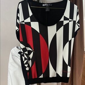 Desigual Black White Red Geometric Scoop Neck Top